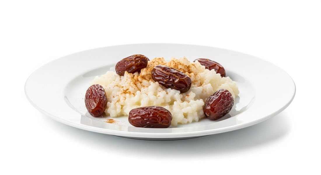 White rice with dates and a little cinnamon on a plate, foods on the Tayyibat diet yes list