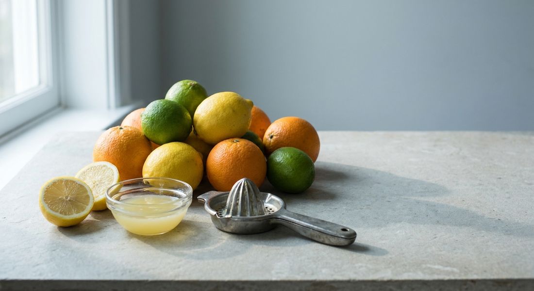 Lemons, limes and oranges on a stone counter with a squeezer