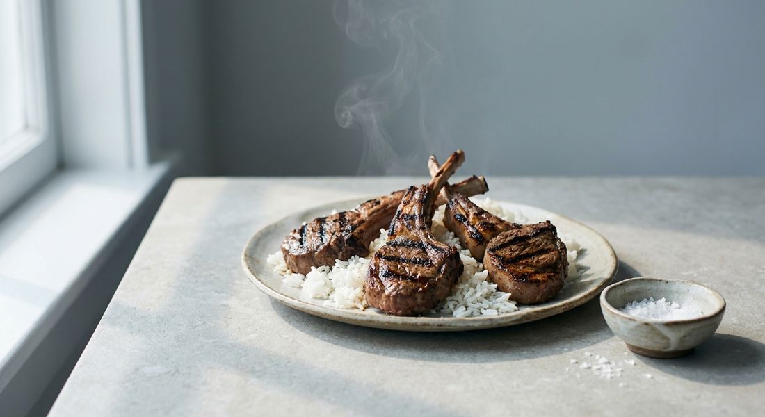 Grilled lamb chops on white rice, lamb allowed on the Tayyibat diet